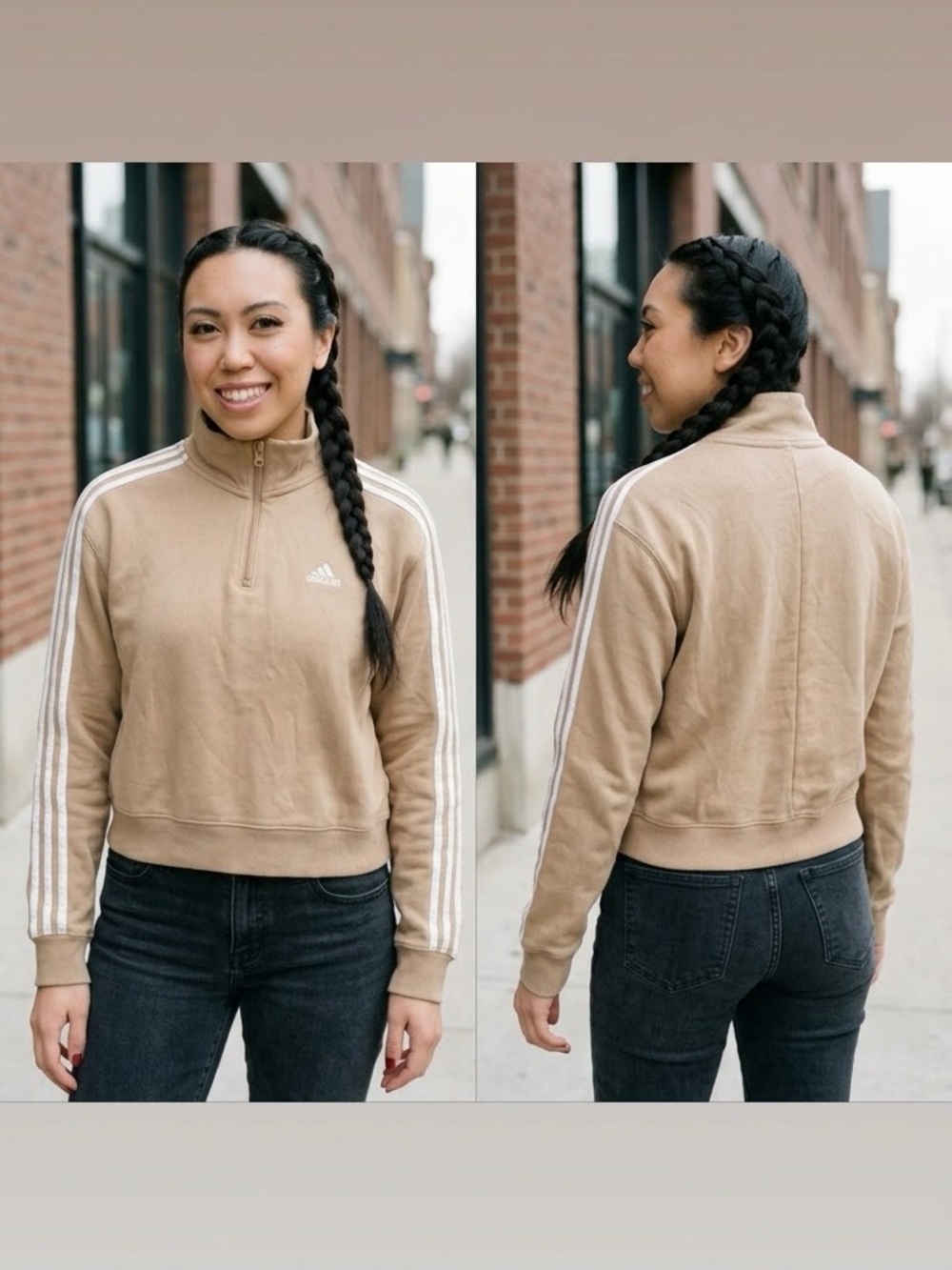 ADIDAS 3-Stripes Cropped Quarter-Zip Pullover Sweater | Size Small